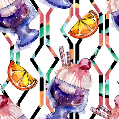 Sulu Boya stilinde lezzetli dondurma. Aquarelle şekerli tatlı şekilde ayarlayın. Sorunsuz arka plan deseni.