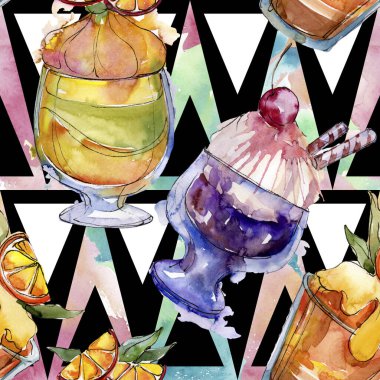 Sulu Boya stilinde lezzetli dondurma. Aquarelle şekerli tatlı şekilde ayarlayın. Sorunsuz arka plan deseni.