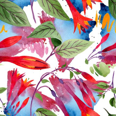 Kırmızı fuşya çiçekli botanik çiçekleri. Suluboya arkaplan çizimi. Kusursuz arkaplan deseni.