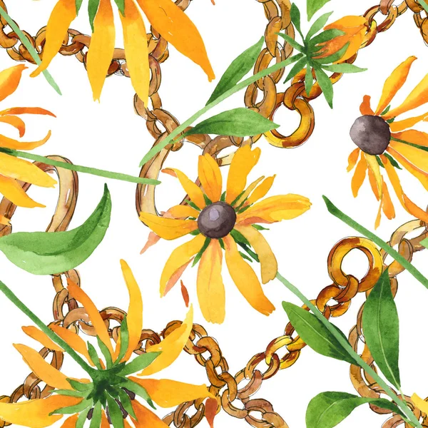 Rudbeckia hirta kwiatowe kwiaty botaniczne. Zestaw ilustracji tła akwareli. Płynny wzór tła. — Zdjęcie stockowe