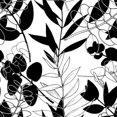 Vektör Okaliptüs daldan ayrılıyor. Siyah beyaz işlemeli mürekkep sanatı. Kusursuz arkaplan deseni.