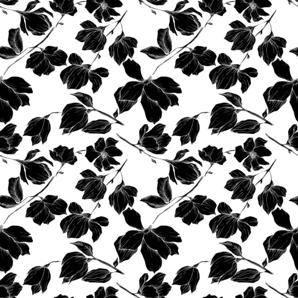 Vektormagnolie mit botanischen Blüten. Schwarz-weiß gestochene Tuschekunst. nahtloses Hintergrundmuster. — Stockvektor
