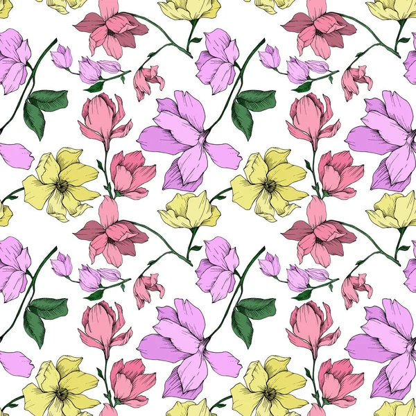 Vektör Magnolia çiçek botanik çiçekleri. Siyah beyaz işlemeli mürekkep sanatı. Kusursuz arkaplan deseni.