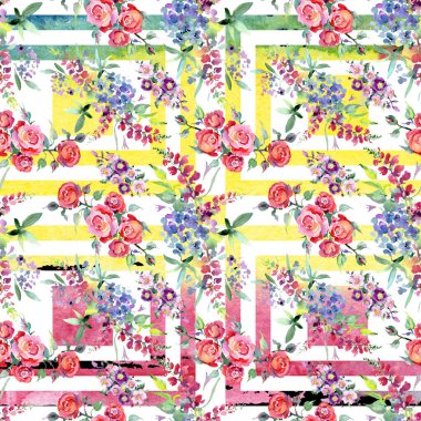 Buket çiçek botanik çiçekler. Suluboya arka plan illüstrasyon küme. Sorunsuz arka plan deseni.