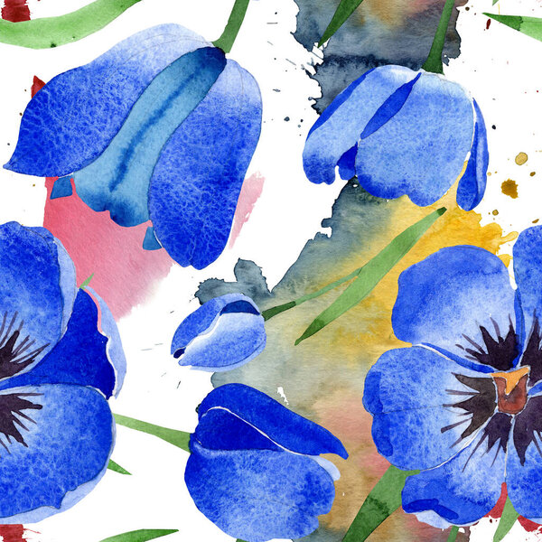 Blue tulip floral botanical flowers. Watercolor background illustration set. Seamless background pattern.