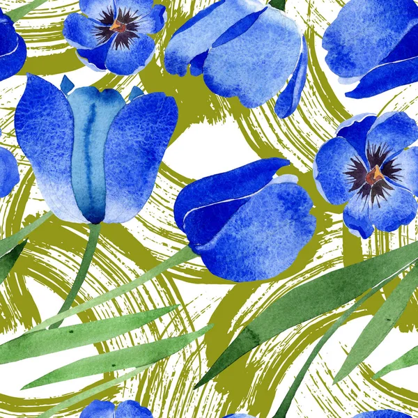 Fleurs botaniques florales de tulipe bleue. Ensemble d'illustration de fond aquarelle. Modèle de fond sans couture . — Photo