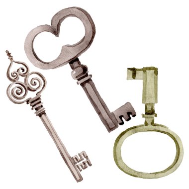 Yalıtılmış eski anahtar illüstrasyon öğesi. Suluboya arka plan illüstrasyon seti. Yalıtılmış anahtarlar illüstrasyon öğesi.