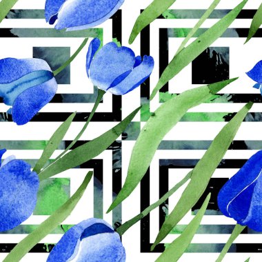 Mavi lale çiçek botanik çiçekleri. Suluboya arka plan illüstrasyon seti. Kesintisiz arka plan deseni.