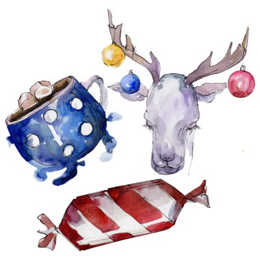 Noel kış tatili sembolü izole. Suluboya arka plan seti. Yalıtılmış noel illüstrasyon öğesi.