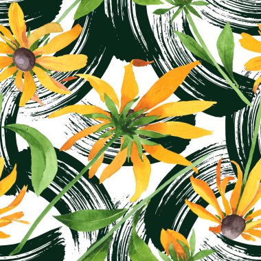 Rudbeckia hirta botanik çiçekleri. Suluboya arkaplan çizimi. Kusursuz arkaplan deseni.