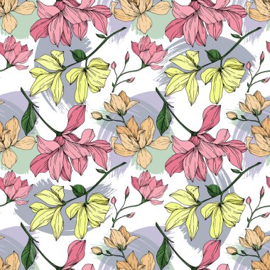 Vektör Magnolia çiçek botanik çiçekleri. Siyah beyaz işlemeli mürekkep sanatı. Kusursuz arkaplan deseni.