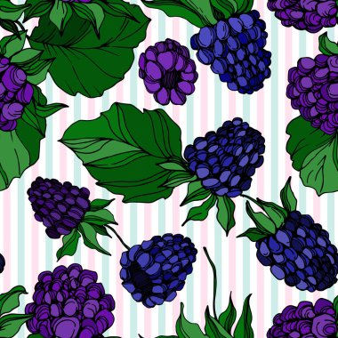 Vektör Blackberry sağlıklı gıda. Siyah ve beyaz oyulmuş mürekkep sanatı. Kesintisiz arka plan deseni.