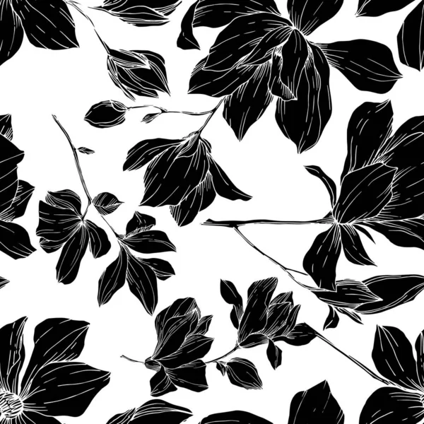 Vector Magnolia bloemen botanische bloemen. Zwart-wit gegraveerde inktkunst. Naadloze achtergrond patroon. — Stockvector