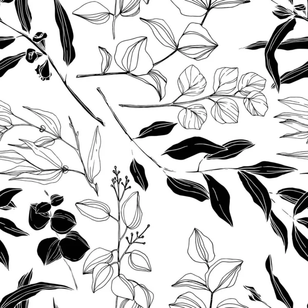 L'albero di eucalipto vettoriale lascia la giungla botanica. Inchiostro inciso in bianco e nero art. Modello di sfondo senza soluzione di continuità . — Vettoriale Stock