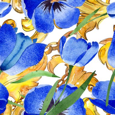 Mavi lale çiçek botanik çiçekleri. Suluboya arka plan illüstrasyon seti. Kesintisiz arka plan deseni.