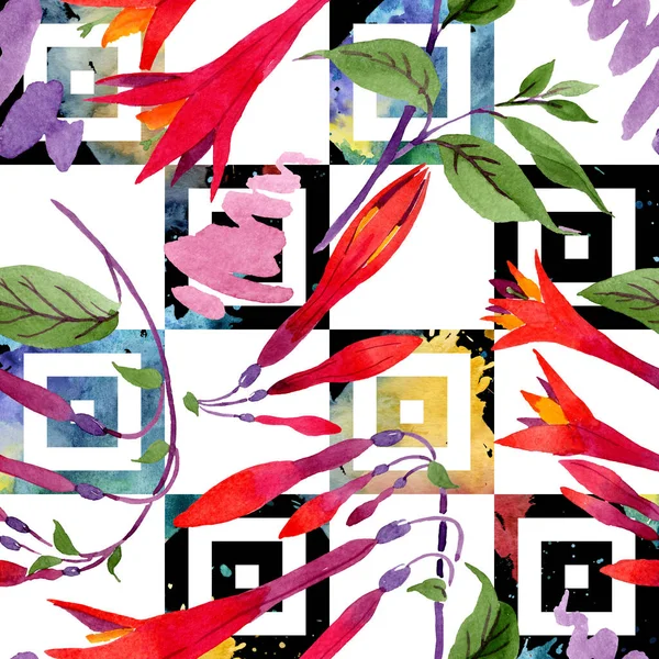 Rode fuchsia bloemen voor planten. Aquarel achtergrond illustratie set. Naadloze achtergrond patroon. — Stockfoto