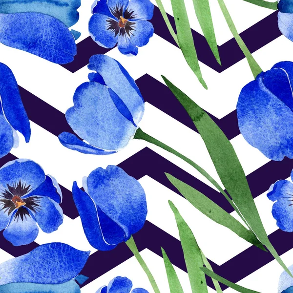 蓝色郁金香花卉植物花。水彩背景插图集。无缝背景模式. — 图库照片