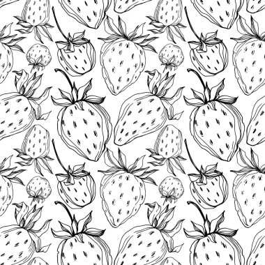 Vektör çilek taze böğürtlen sağlıklı yiyecek. Siyah beyaz işlemeli mürekkep sanatı. Kusursuz arkaplan deseni.