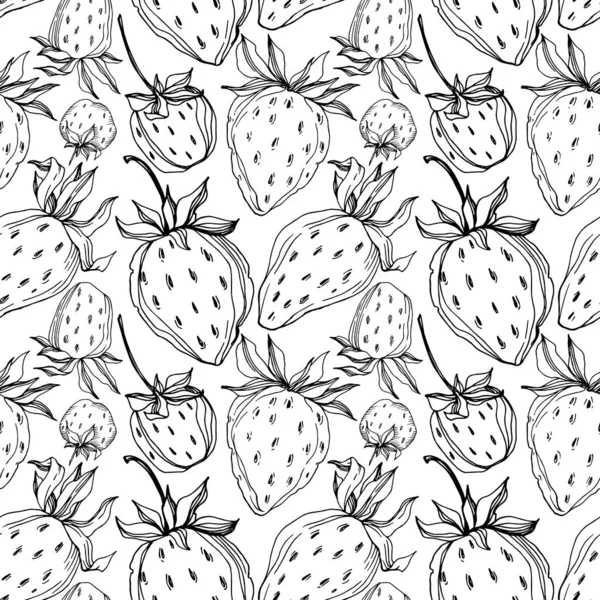 stock vector Vector strawberry fresh berry healthy food. Black and white engraved ink art. Seamless background pattern.