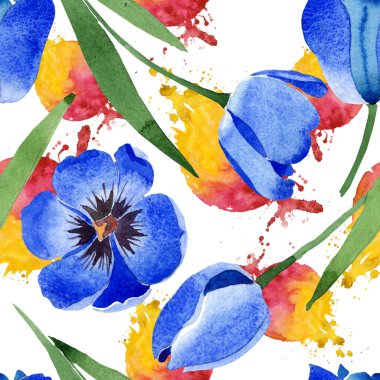 Mavi lale çiçek botanik çiçekleri. Suluboya arka plan illüstrasyon seti. Kesintisiz arka plan deseni.