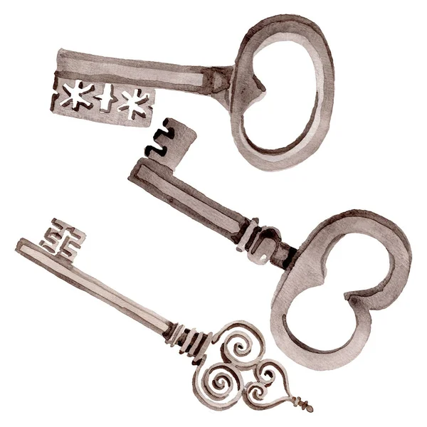 Elkülönített régi kulcsillusztráció elem. Akvarell háttér illusztráció meg. Elszigetelt kulcsok illusztrációs elem. — Stock Fotó