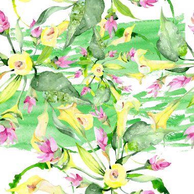 Buket çiçek botanik çiçekler. Suluboya arka plan illüstrasyon küme. Sorunsuz arka plan deseni.