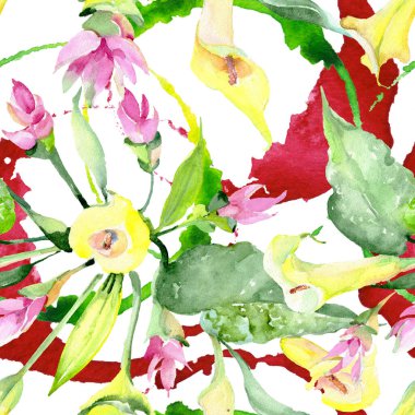 Buket çiçek botanik çiçekler. Suluboya arka plan illüstrasyon küme. Sorunsuz arka plan deseni.