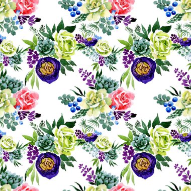 Buket çiçek botanik çiçekler. Suluboya arka plan illüstrasyon küme. Sorunsuz arka plan deseni.