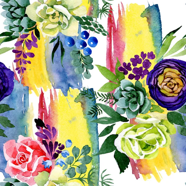 Bouquet floral botanical flowers. Watercolor background illustration set. Seamless background pattern. — Stock Photo, Image