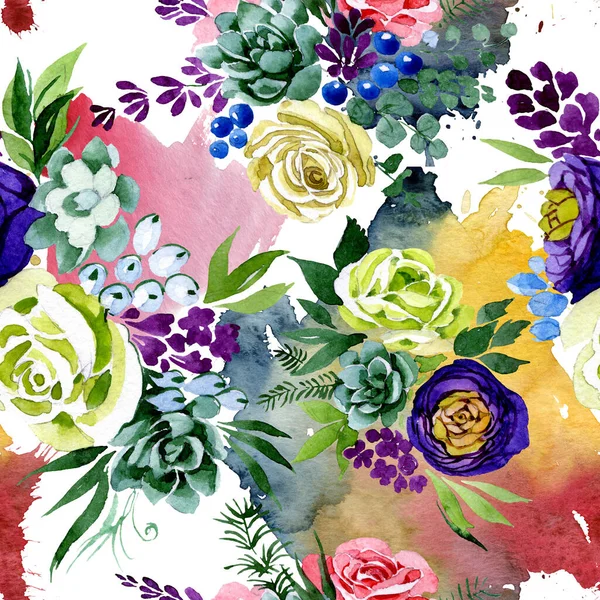 꽃다발 꽃 식물 꽃입니다. 수채화 배경 그림 설정 합니다. 원활한 배경 패턴. — 스톡 사진