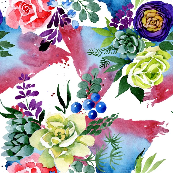 花束花植物の花。水彩画背景イラスト セット。シームレスな背景パターン. — ストック写真