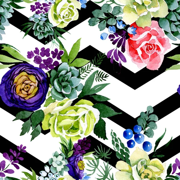 꽃다발 꽃 식물 꽃입니다. 수채화 배경 그림 설정 합니다. 원활한 배경 패턴. — 스톡 사진