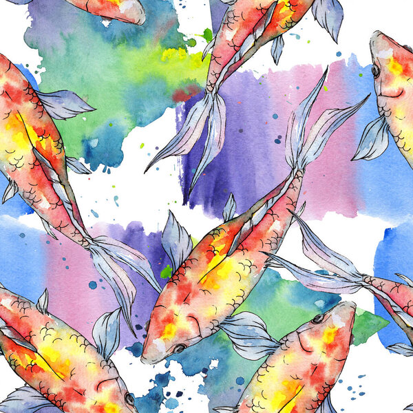 Aquatic underwater colorful tropical goldfish set. Watercolor background illustration set. Seamless background pattern.