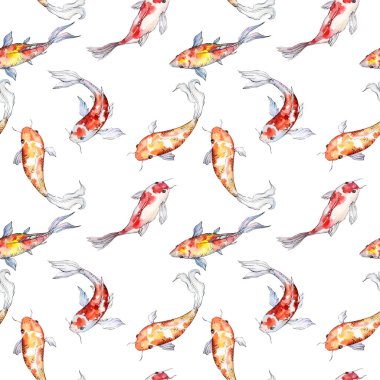 Su altı sualtı renkli tropikal japon balığı seti. Suluboya arka plan illüstrasyon seti. Kesintisiz arka plan deseni.