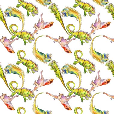 Egzotik iguana vahşi hayvan. Suluboya arka plan illüstrasyon seti. Kusursuz desen. Kumaş duvar kağıdı baskı doku.