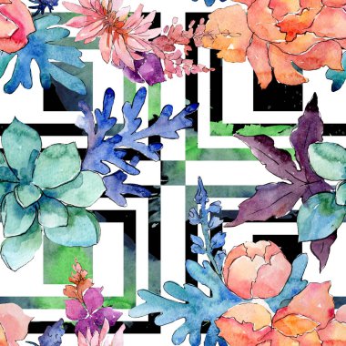 Çiçek botanik çiçek kompozisyon. Suluboya arka plan illüstrasyon seti. Kesintisiz arka plan deseni.