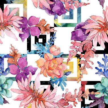 Çiçek botanik çiçek kompozisyon. Suluboya arka plan illüstrasyon seti. Kesintisiz arka plan deseni.