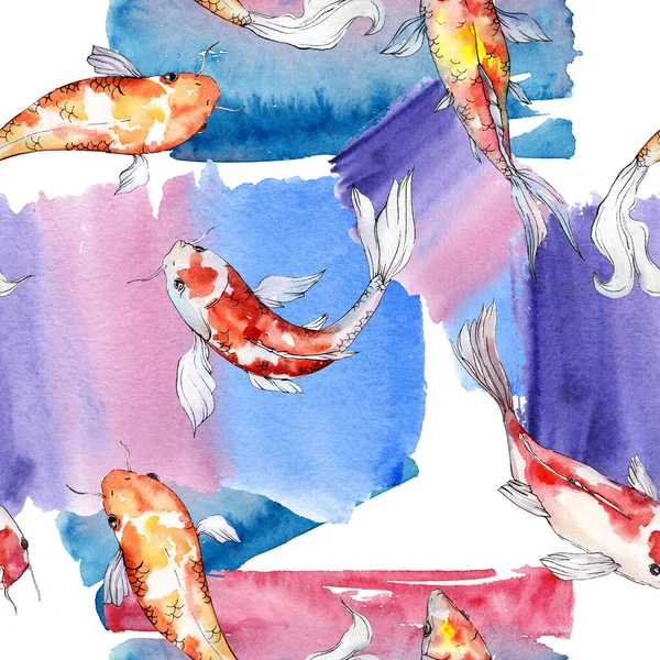 Aquatic underwater colorful tropical goldfish set. Watercolor background illustration set. Seamless background pattern. — Stock Photo, Image