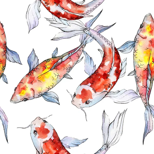 Aquatic underwater colorful tropical goldfish set. Watercolor background illustration set. Seamless background pattern. — Stock Photo, Image