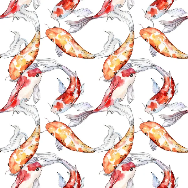 Aquatic underwater colorful tropical goldfish set. Watercolor background illustration set. Seamless background pattern. — Stock Photo, Image