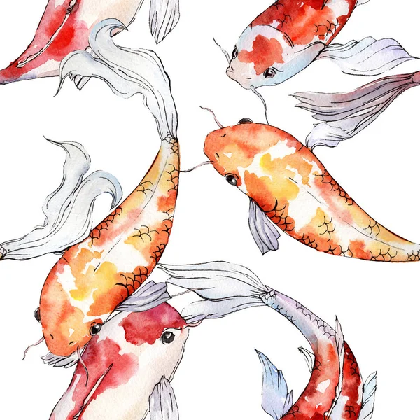 Aquatische Unterwasser bunte tropische Goldfische Set. Aquarell Hintergrundillustration Set. nahtloses Hintergrundmuster. — Stockfoto