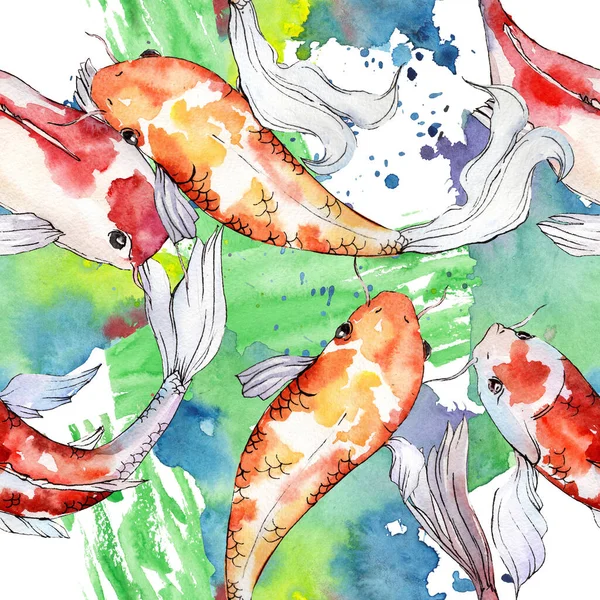 Aquatic underwater colorful tropical goldfish set. Watercolor background illustration set. Seamless background pattern. — Stock Photo, Image