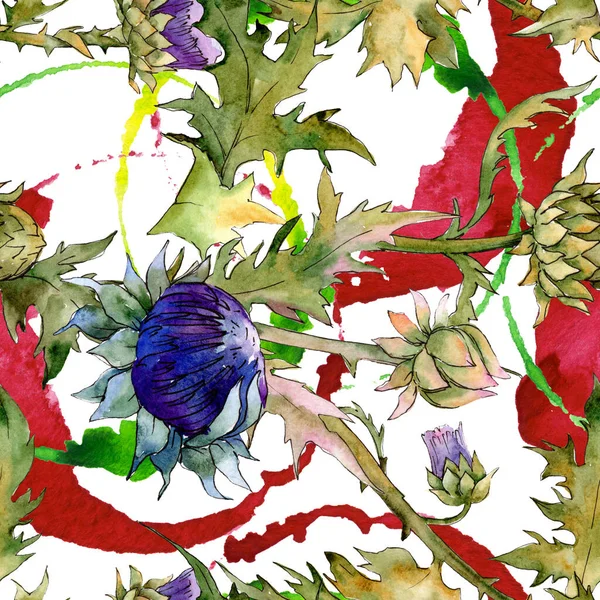 Oset kwiatowe kwiaty botaniczne. Zestaw ilustracji tła akwareli. Płynny wzór tła. — Zdjęcie stockowe
