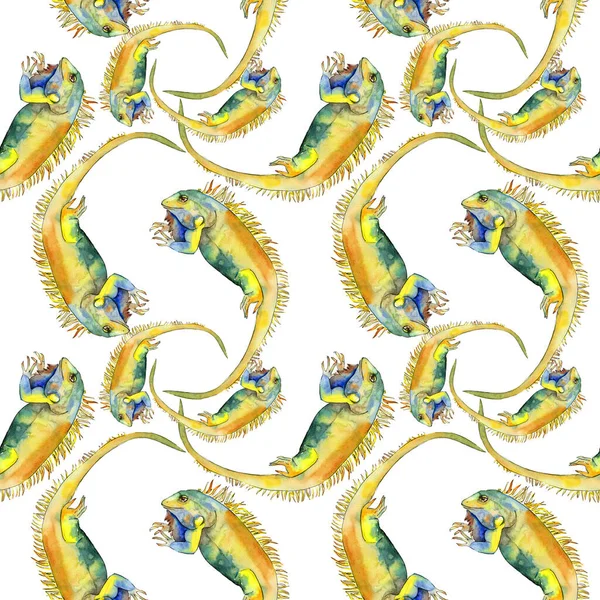 Exotic iguana wild animal. Watercolor background illustration set. Seamless pattern. Fabric wallpaper print texture. — Stock Photo, Image