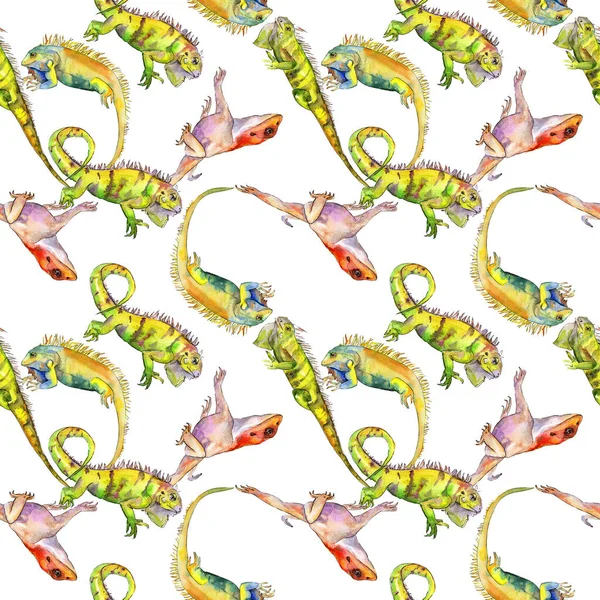 Exotische Leguane Wildtier. Aquarell Hintergrundillustration Set. nahtloses Muster. Stoff Tapete drucken Textur. — Stockfoto