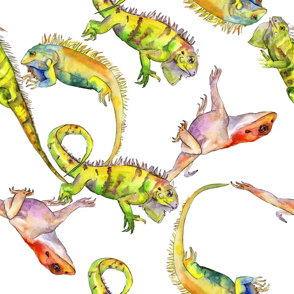 Egzotyczne Iguana dzikie zwierzę. Akwarela zestaw ilustracji tła. Bezszwowy wzór. Tkanina tapeta druk tekstura. — Zdjęcie stockowe