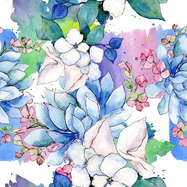 Bukett Loral botaniska blommor. Akvarell bakgrund illustration uppsättning. Sömlöst bakgrundsmönster. — Stockfoto