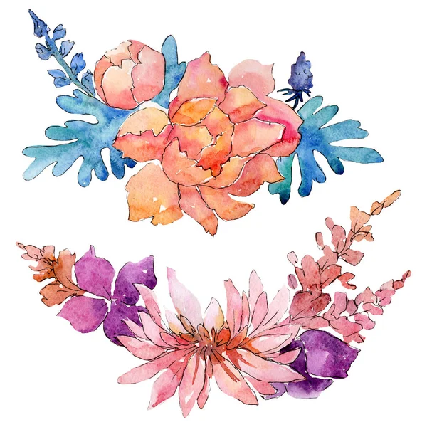Blomma komposition. Blommiga botaniska blommor. Akvarell bakgrund set. Isolerade buketter illustration element. — Stockfoto