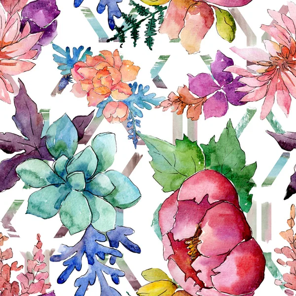 꽃 식물 꽃 조성물. 수채화 배경 일러스트 세트입니다. 원활한 배경 패턴. — 스톡 사진