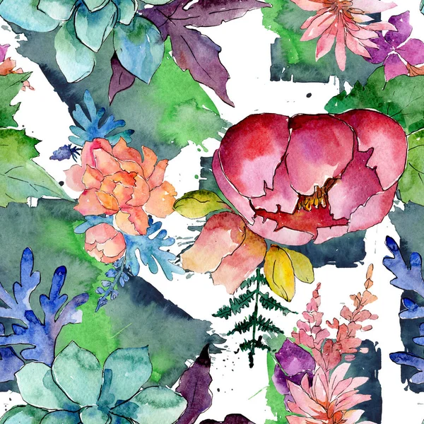 Composizione floreale fiori botanici. Acquerello sfondo illustrazione set. Modello di sfondo senza soluzione di continuità . — Foto Stock
